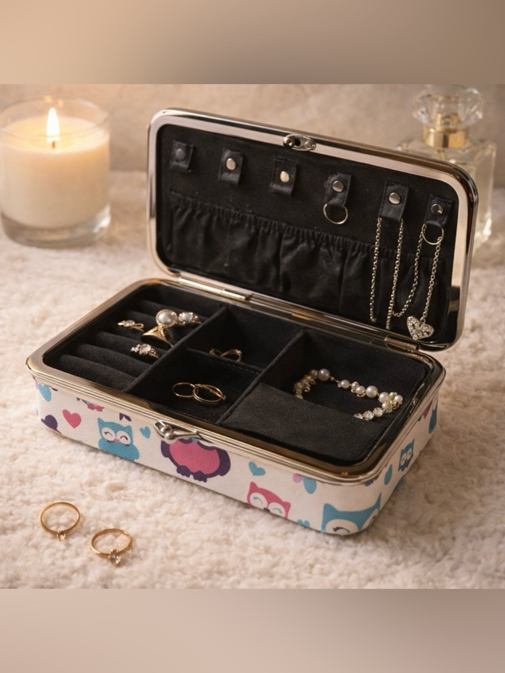 Owl Print Jewelry Box Case | Travel Organizer | Trinket Storage Cute Gift